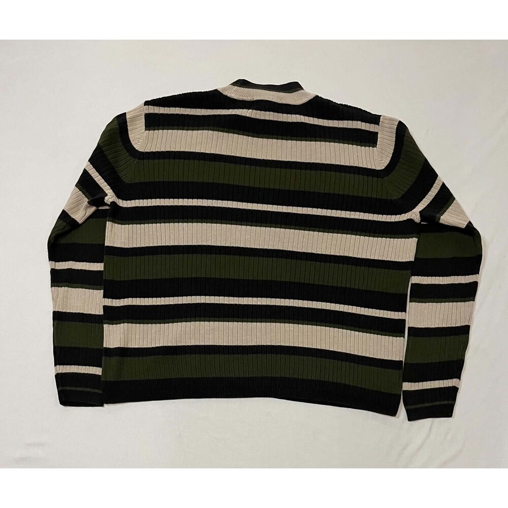 Laura Scott Vintage Striped Mock Neck Sweater XL Green Black Cream Ribbed Knit
